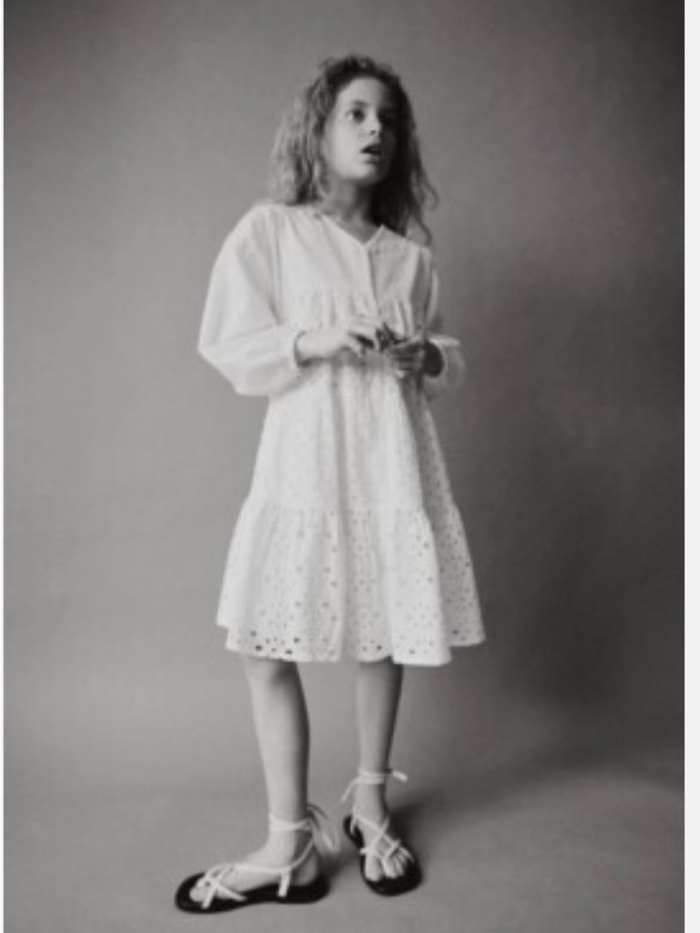 Zara White Eyelet Cotton Kids Dress with Tiered Skirt